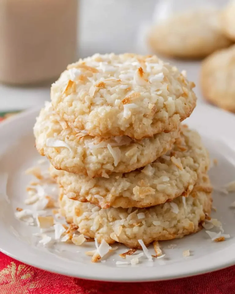 A stack of four golden brown coconut cookies, generously topped with shredded coconut, resting on a white plate.