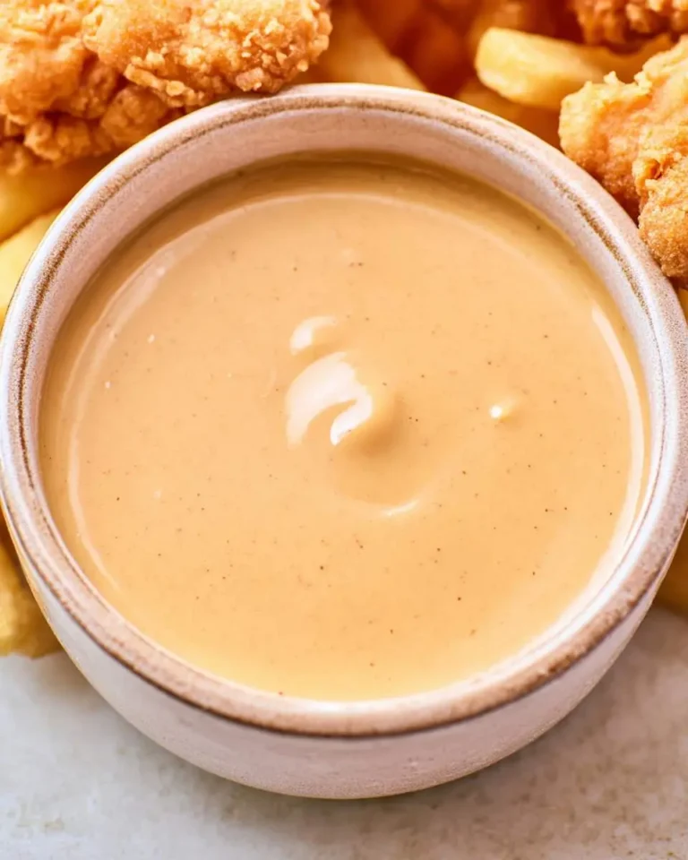 A ceramic bowl filled with creamy, light orange Copycat Chick fil A Sauce, ready for dipping chicken nuggets and french fries.