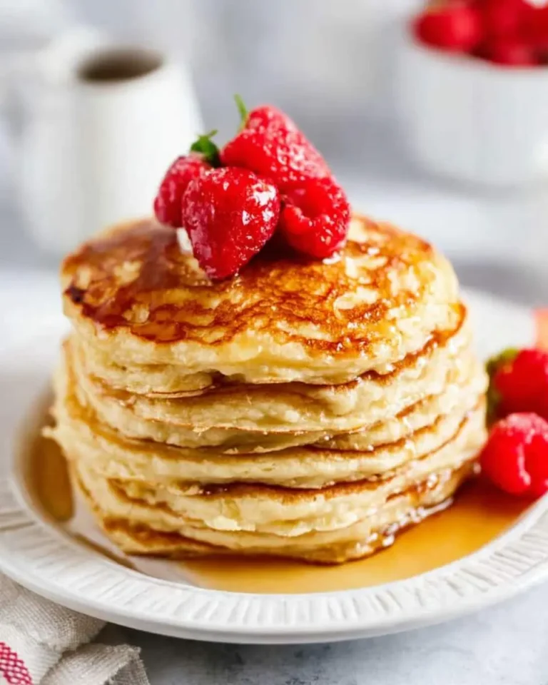 A stack of fluffy cottage cheese pancakes drizzled with syrup, topped with fresh raspberries and a strawberry on a white plate.