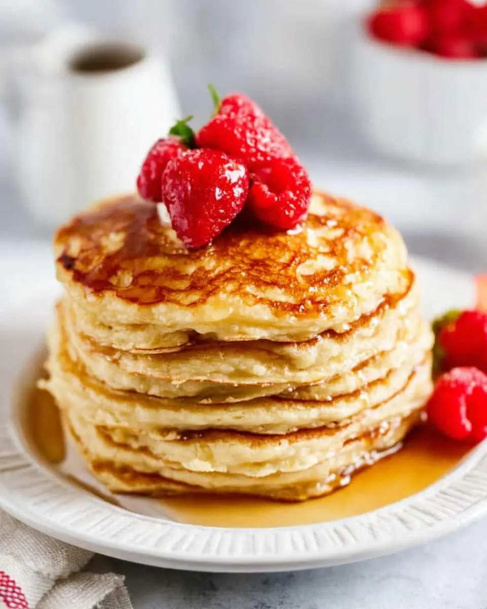 A stack of fluffy cottage cheese pancakes drizzled with syrup, topped with fresh raspberries and a strawberry on a white plate.