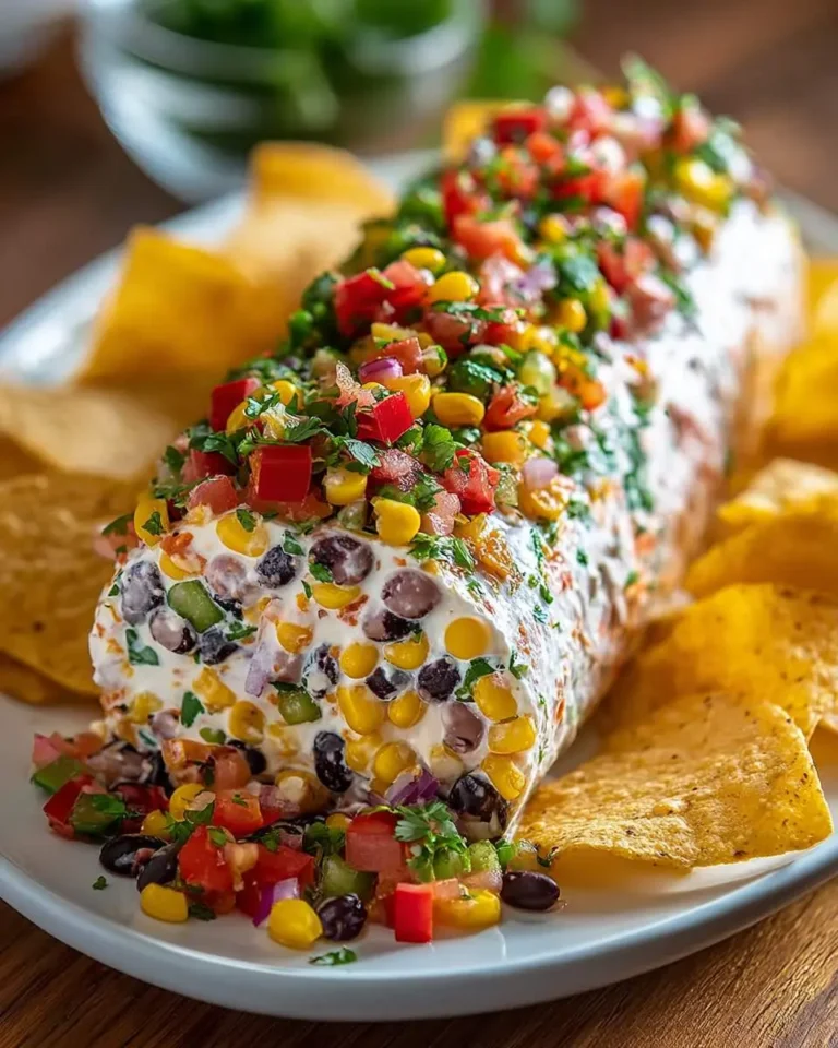 A rectangular cowboy caviar cheese log, rich with black beans, corn, and peppers, generously topped with fresh pico de gallo, served on a white plate with tortilla chips.
