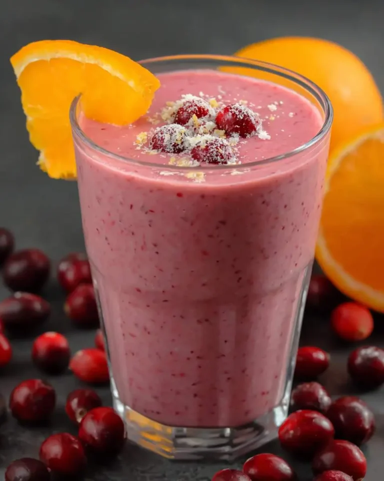 A refreshing Cranberry Orange Smoothie in a glass, garnished with a fresh orange slice and cranberries, surrounded by whole cranberries.