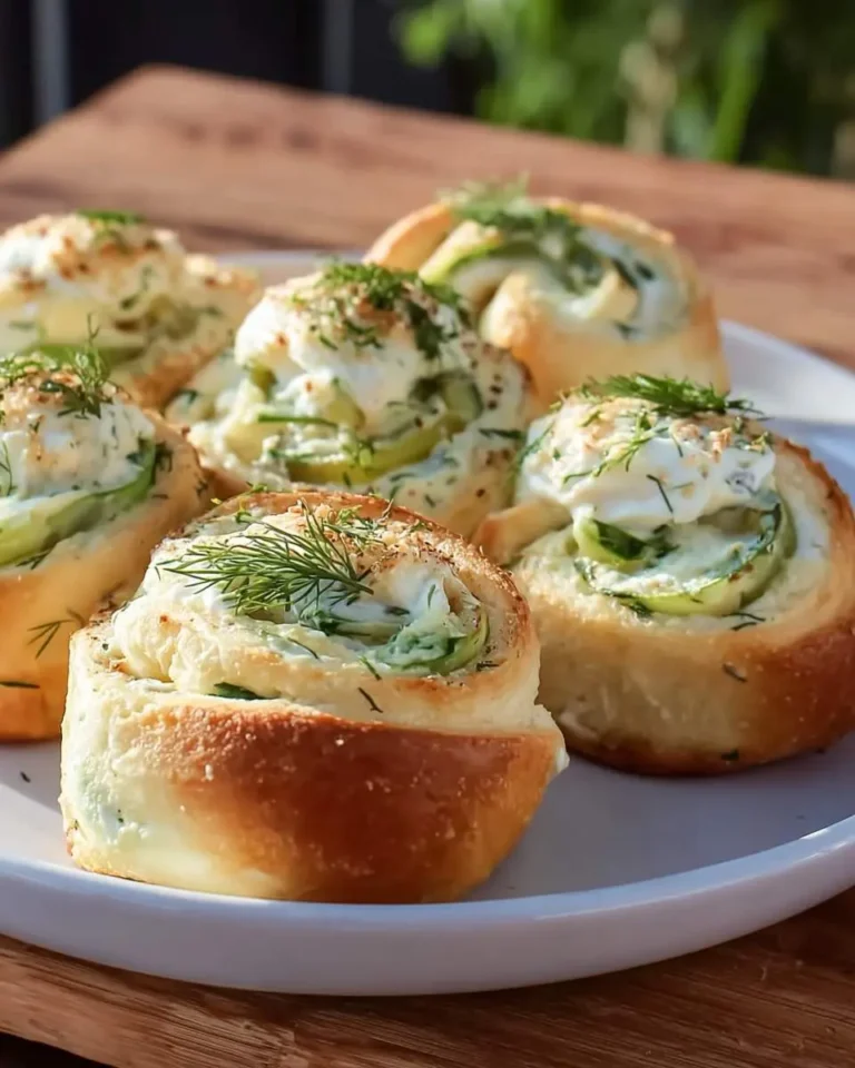 A close-up of several freshly baked Creamy Pickle Rolls, garnished with fresh dill on a white plate.