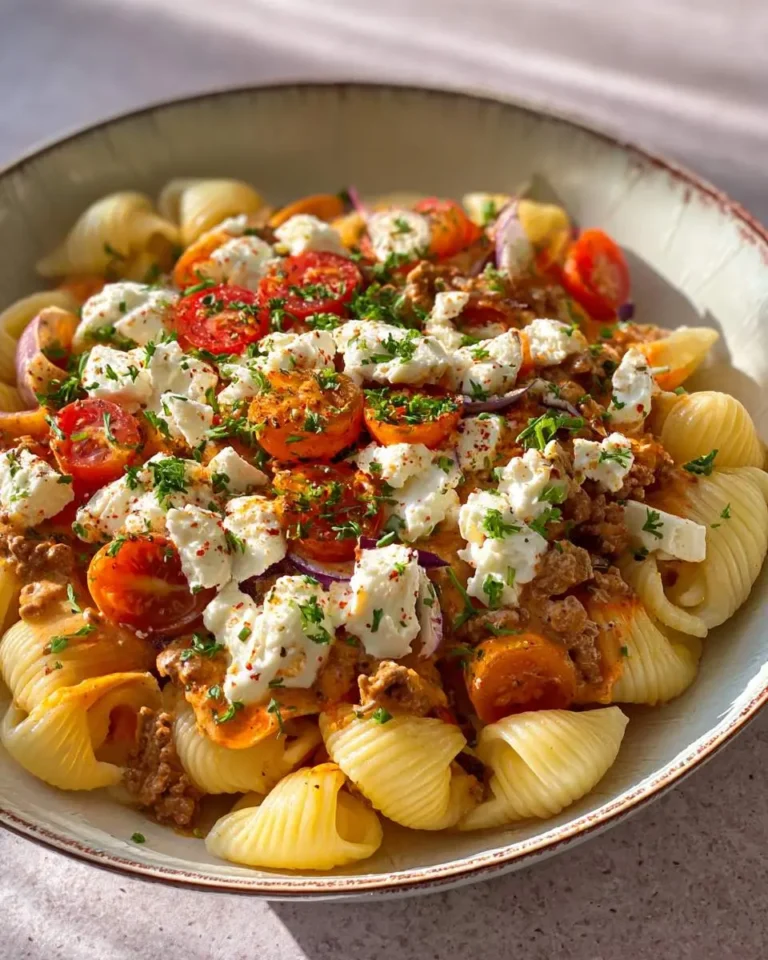 A close-up of a bowl of Creamy Turkish Pasta with shell pasta, creamy sauce, ground meat, cherry tomatoes, crumbled feta, and fresh parsley.
