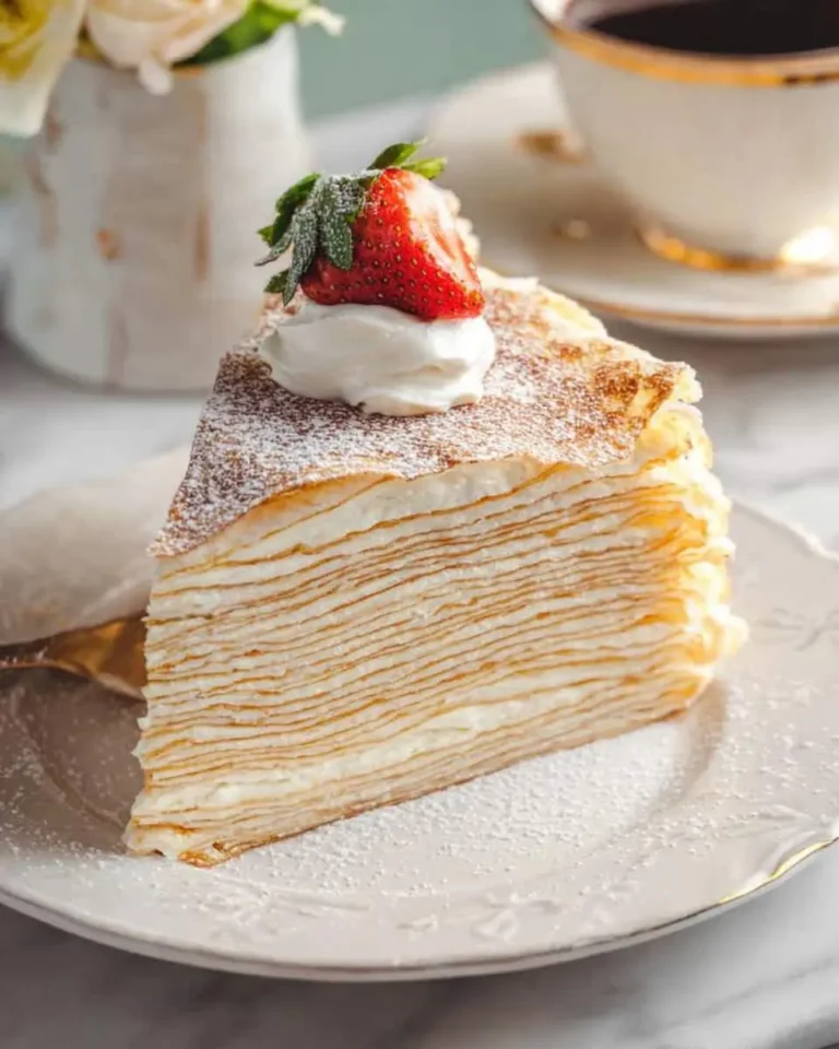 A delicious slice of crepe cake with many thin layers, topped with whipped cream, a fresh strawberry, and powdered sugar.