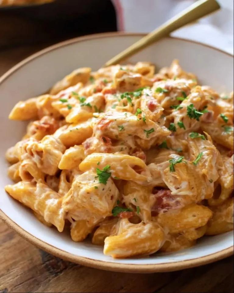 A close-up of a white bowl filled with creamy Crockpot chicken taco pasta, garnished with fresh herbs and a golden spoon.