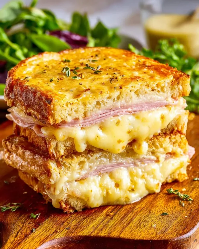 A delectable, golden brown Croque Monsieur sandwich with melted cheese and ham, garnished with fresh herbs, served on a wooden board.