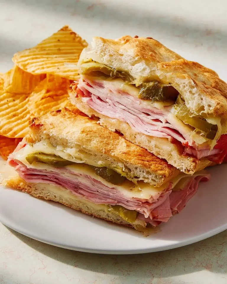 A hot-pressed Cuban sandwich, cut in half to show layers of ham, melted cheese, and pickles, served with ruffled potato chips.