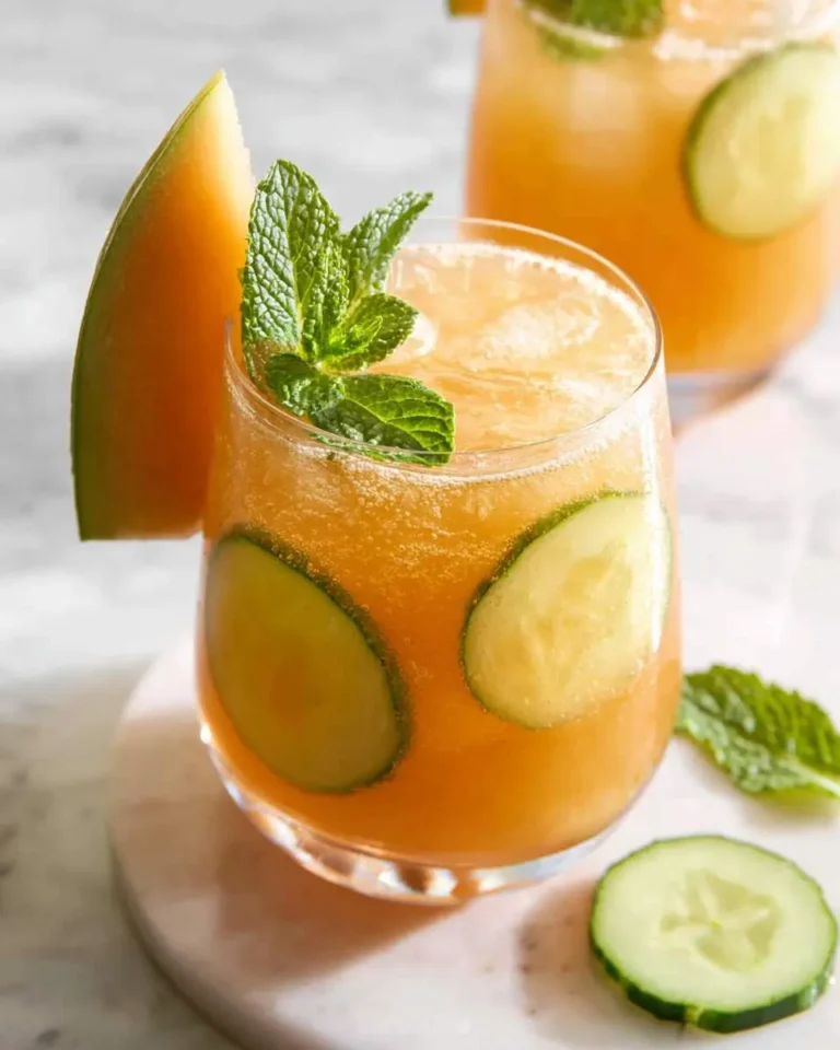 A refreshing Cucumber Melon Agua Fresca garnished with mint, a melon wedge, and cucumber slices on a white marble surface.