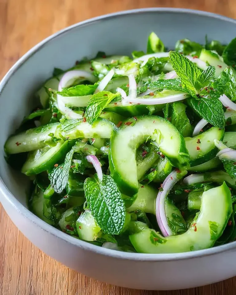 A vibrant bowl of refreshing Cucumber Mint Salad with thinly sliced cucumbers, fresh mint leaves, and red onion on a wooden surface.