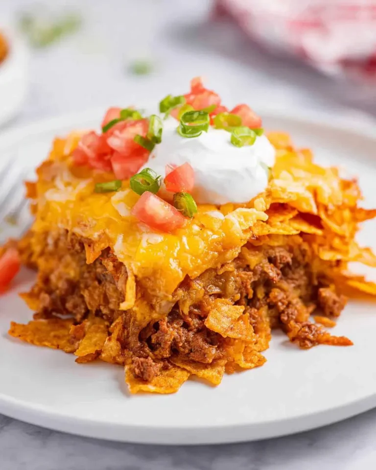 A vibrant slice of Doritos taco casserole, layered with seasoned beef, melted cheddar, and crunchy Doritos, topped with sour cream, tomatoes, and green onions.