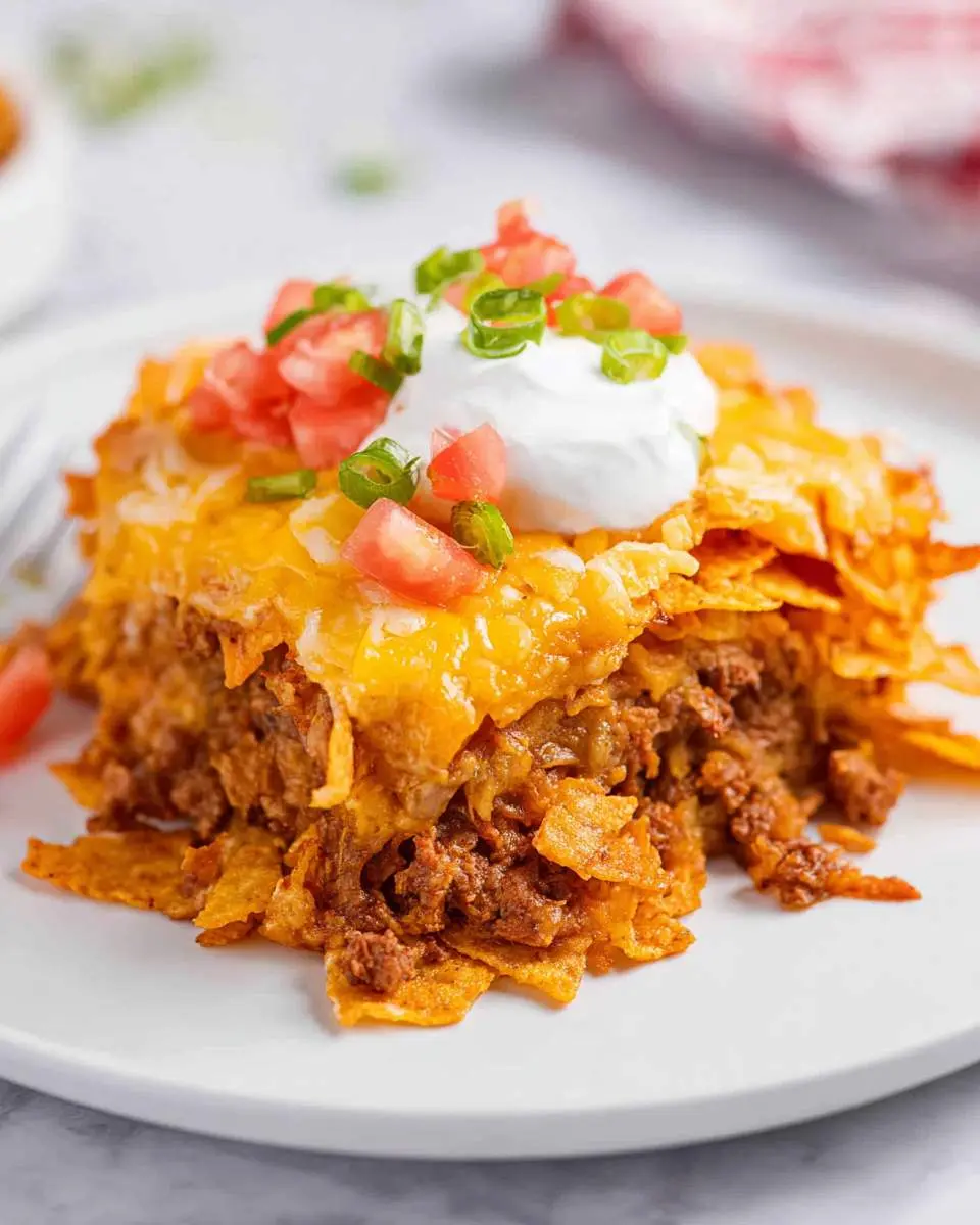 A vibrant slice of Doritos taco casserole, layered with seasoned beef, melted cheddar, and crunchy Doritos, topped with sour cream, tomatoes, and green onions.