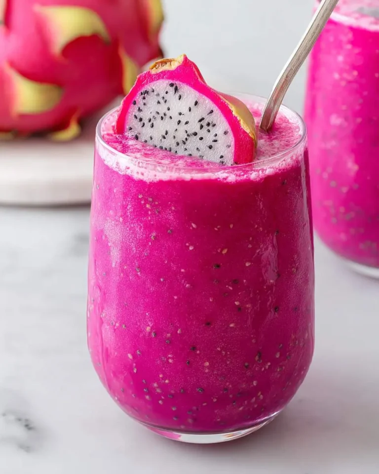 A vibrant pink dragon fruit smoothie in a glass, garnished with a fresh dragon fruit slice and a spoon.