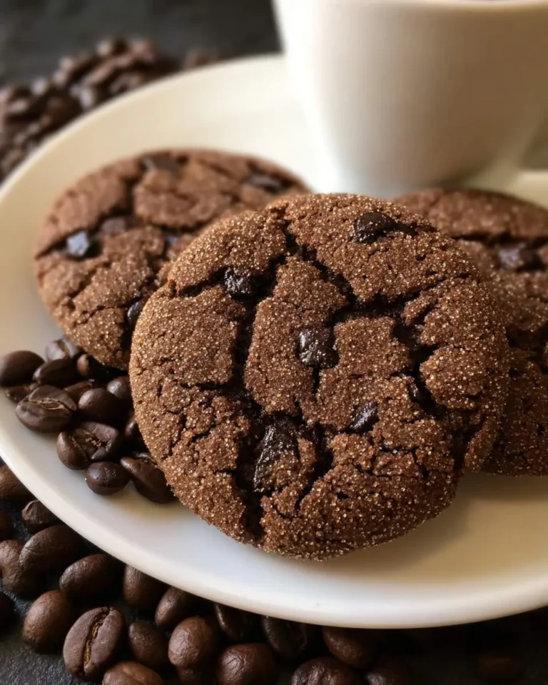 Three espresso chocolate chip cookies on a white plate surrounded by coffee beans with a white cup in the background.