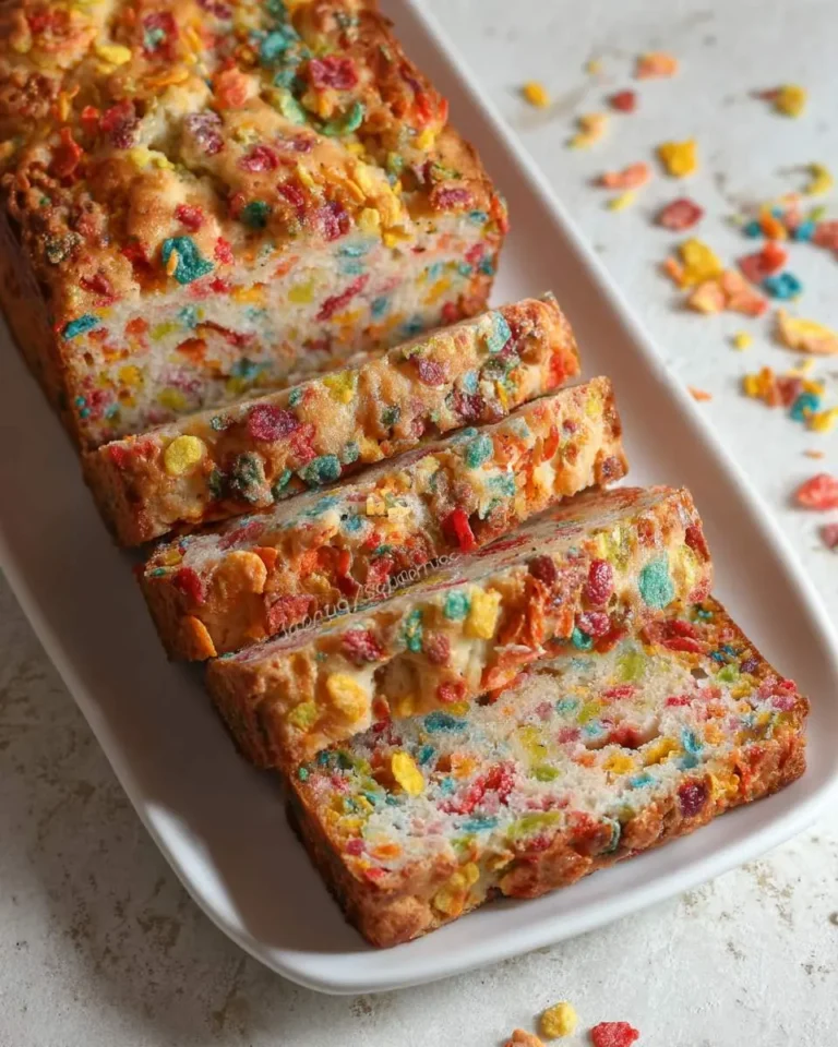 A beautifully sliced loaf of vibrant Fruity Pebbles bread, displaying colorful cereal pieces baked into the white crumb, rests on a white platter.