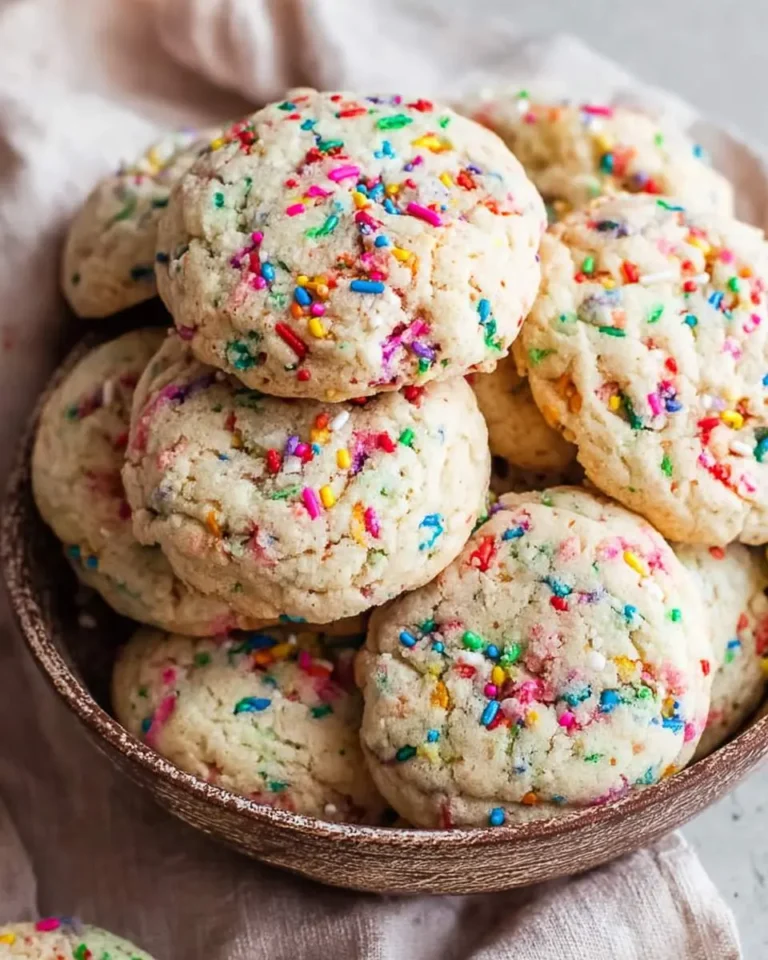 A close-up of a bowl overflowing with homemade Funfetti cookies, generously topped with vibrant rainbow sprinkles.