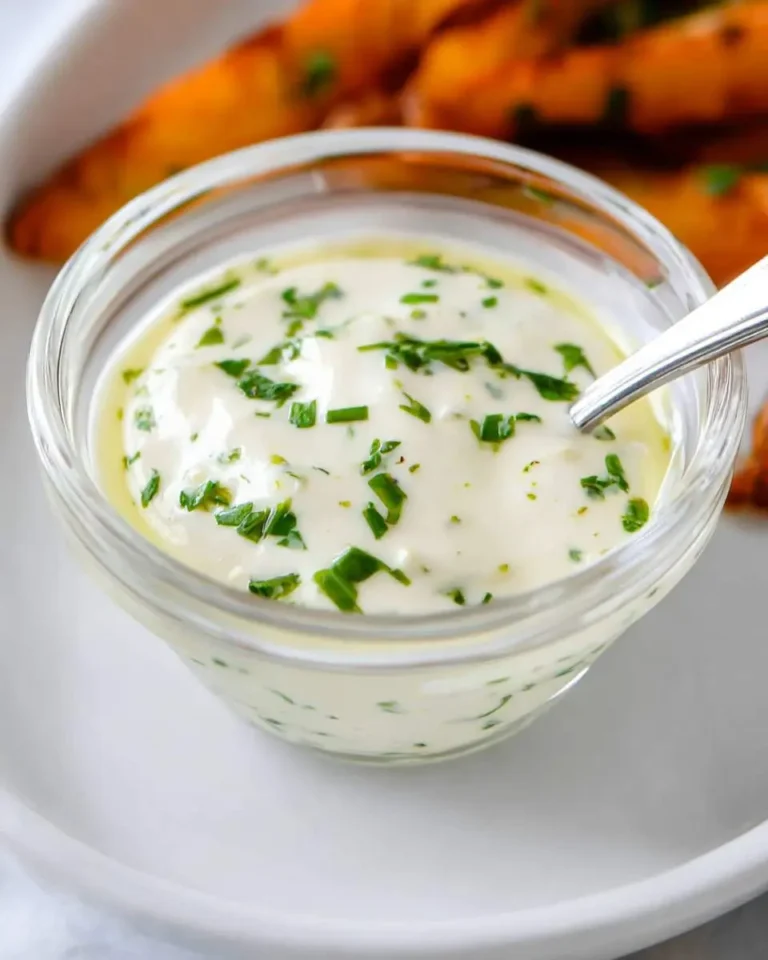 A close-up of a glass bowl holding creamy garlic aioli sauce with green herbs, served with blurred golden potato wedges.