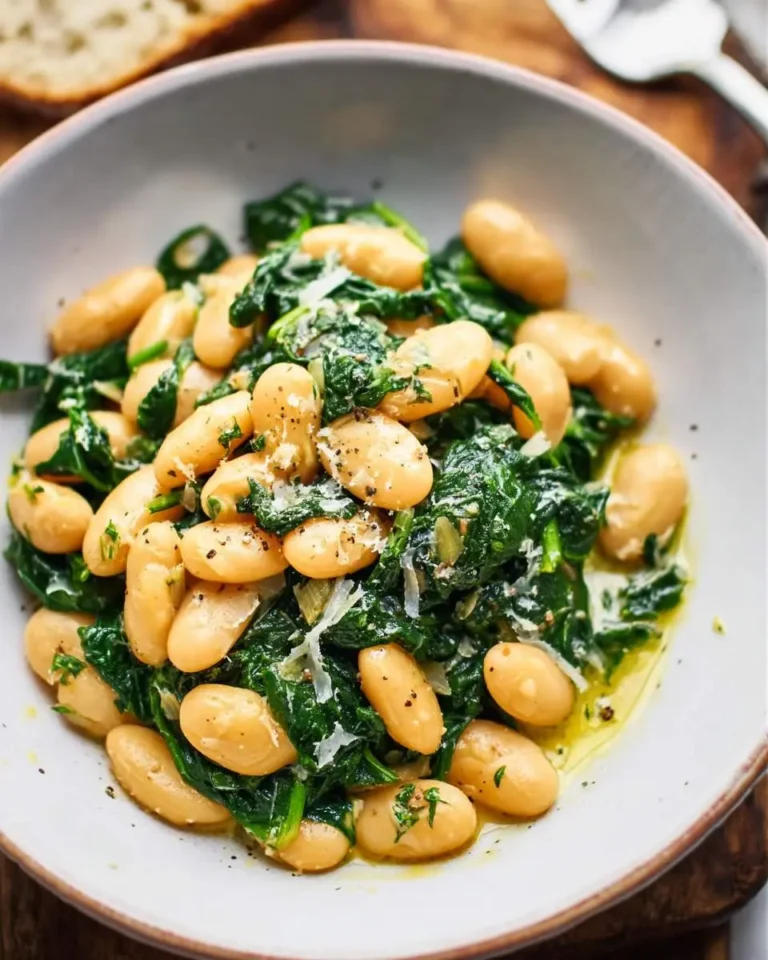 A close-up of a white bowl filled with creamy Garlic Butter Beans with Spinach, sprinkled with cheese and black pepper, with a side of bread.