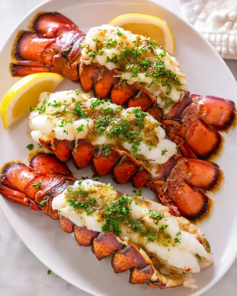 Three succulent Garlic Butter Lobster Tails are beautifully arranged on a white platter, garnished with fresh parsley and lemon wedges.