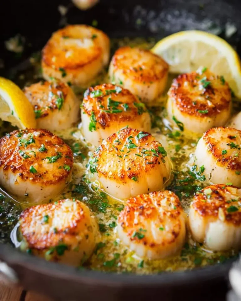 Close-up of golden seared Garlic Butter Scallops cooking in a cast iron pan with fresh parsley and lemon wedges.