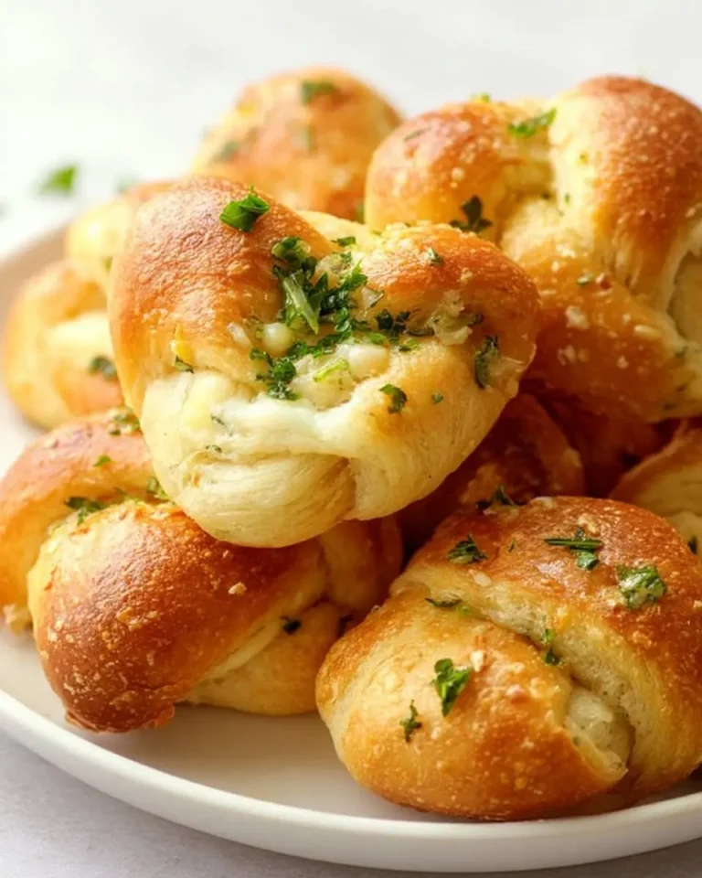 A close-up of golden-baked Garlic Knots topped with fresh parsley and minced garlic, piled on a white plate, ready to serve.