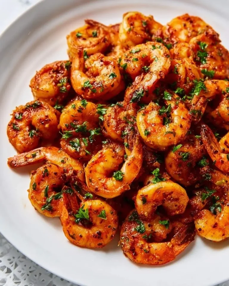 A close-up shot of a white plate piled high with perfectly cooked garlic paprika shrimp skillet, garnished with fresh parsley.