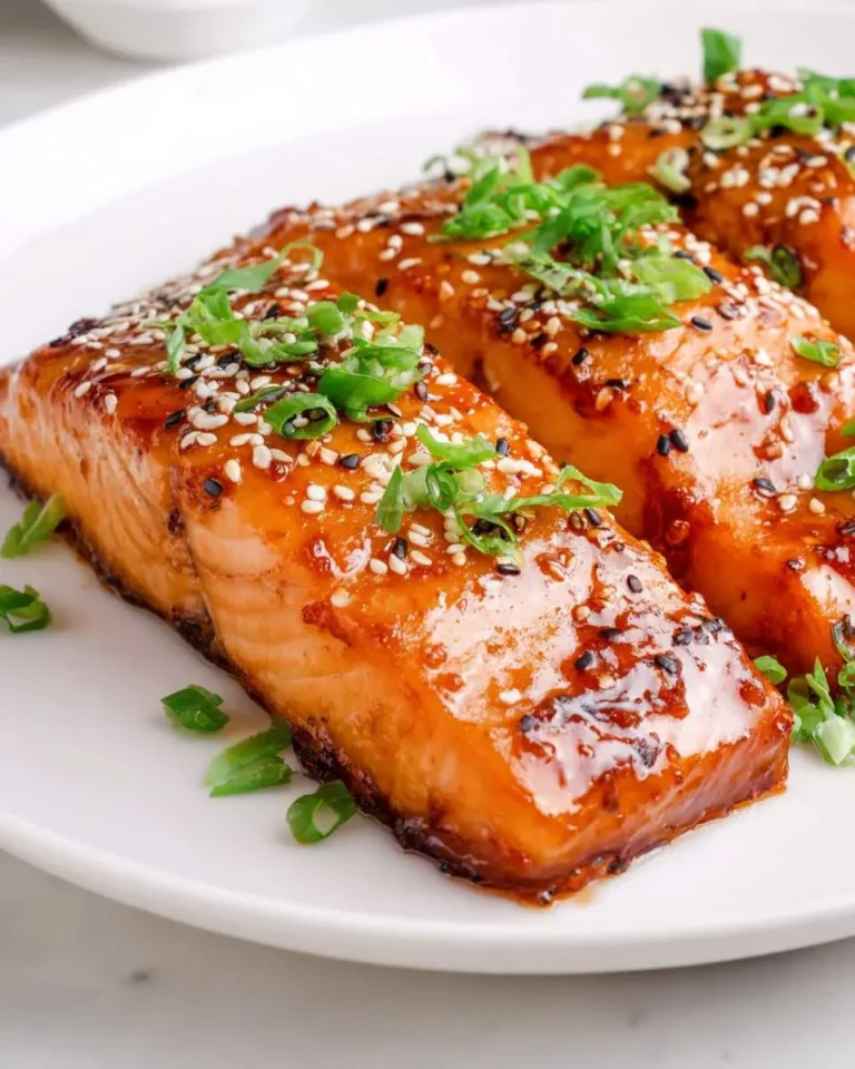 Three glistening Gochujang Salmon fillets garnished with sesame seeds and green onions on a white plate.