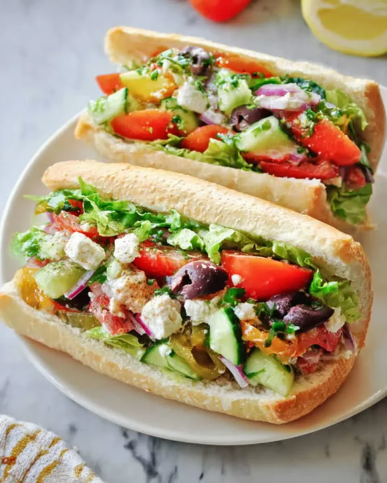 Two Greek salad sandwiches on a white plate filled with fresh vegetables, feta cheese, and olives.
