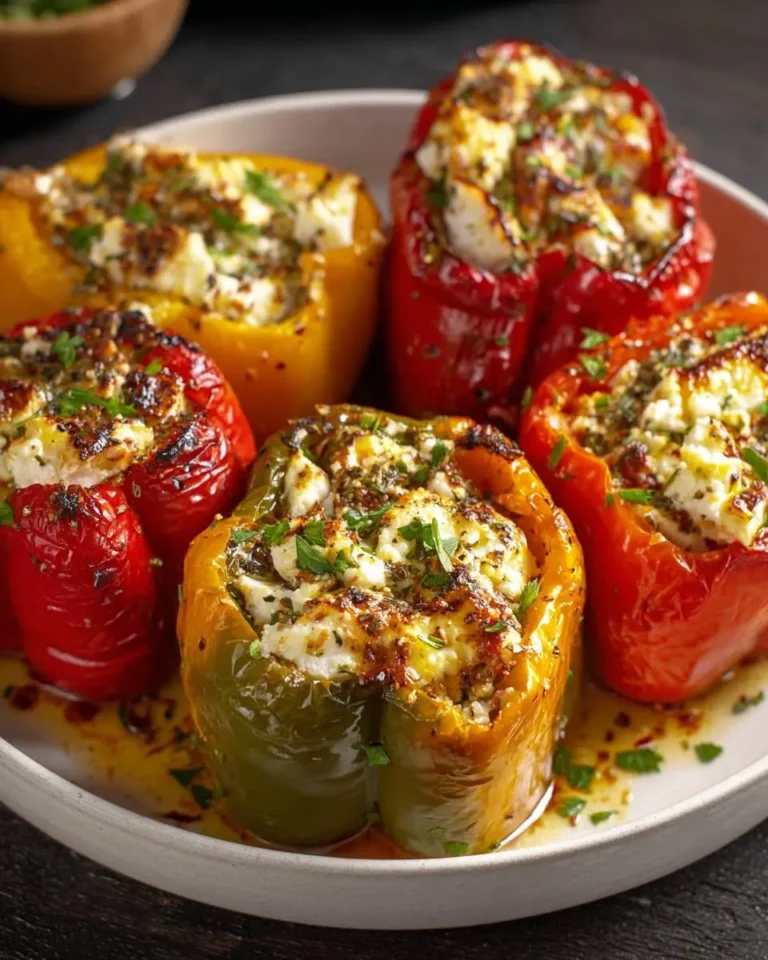 A plate of colorful Greek stuffed peppers baked with a creamy feta and herb filling, garnished with fresh parsley.