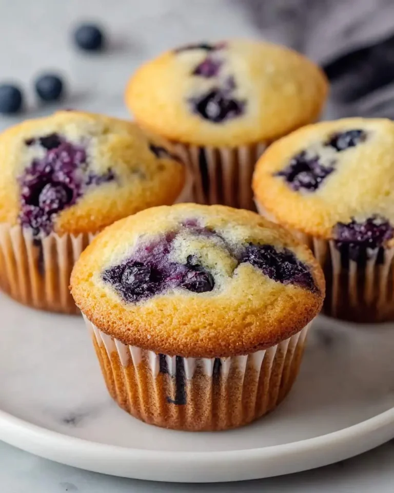 A close-up of five freshly baked Greek yogurt blueberry muffins on a white plate, showcasing their golden tops and visible blueberries.