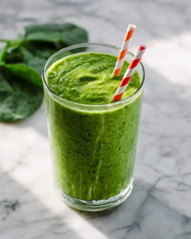 A tall glass of vibrant green detox smoothie with two striped paper straws on a marble surface, with fresh spinach in the background.