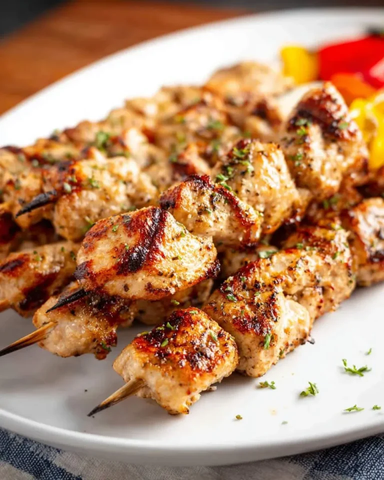 Close-up of golden-brown grilled chicken skewers topped with herbs on a white plate, ready to be enjoyed.