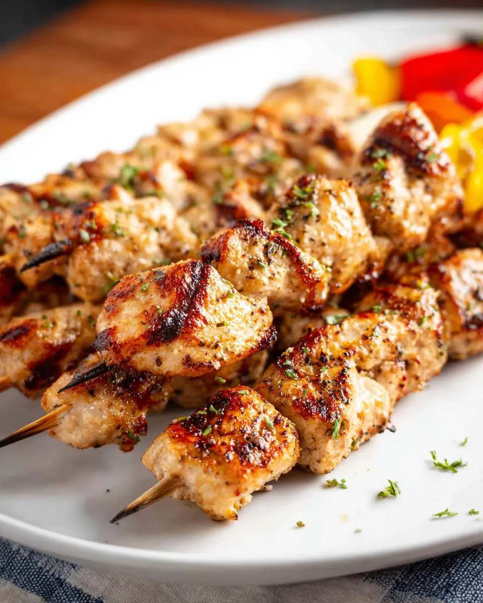 Close-up of golden-brown grilled chicken skewers topped with herbs on a white plate, ready to be enjoyed.