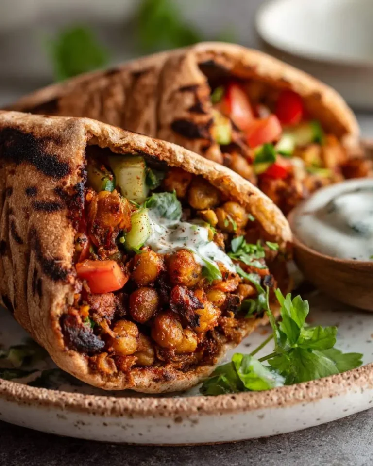 A close-up of a delicious Grilled Chickpea Veggie Pita overflowing with seasoned chickpeas, fresh vegetables, and a creamy sauce.
