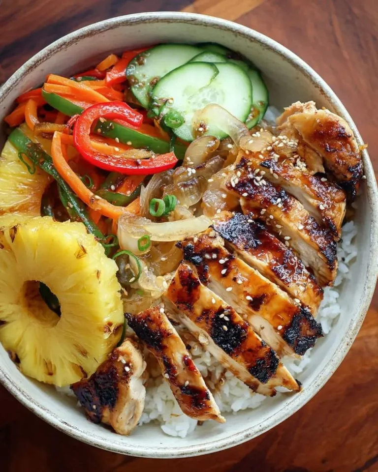 A close-up, top-down view of a vibrant Grilled Hawaiian Chicken Teriyaki Bowl filled with sliced chicken, grilled pineapple, and fresh vegetables over rice.