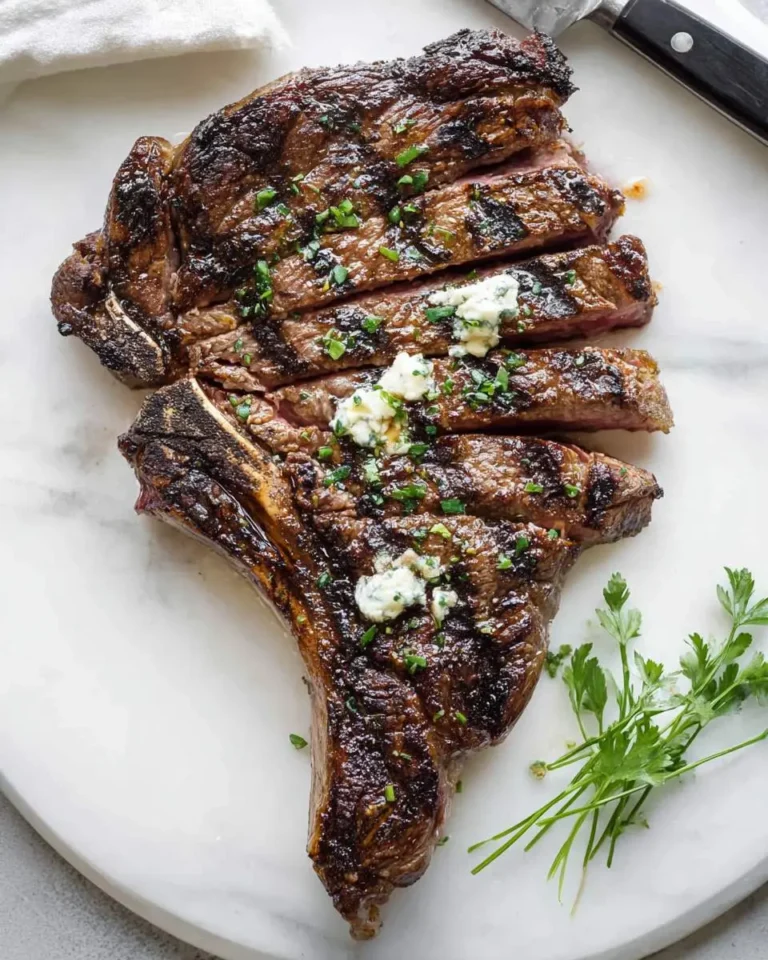 A perfectly grilled ribeye steak sliced and topped with herb butter, served on a white marble board with fresh parsley.