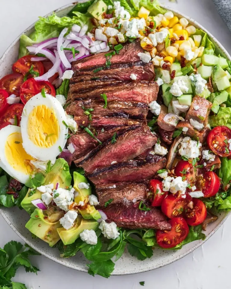 A vibrant and delicious Grilled Steak Cobb Salad bowl featuring tender steak slices, fresh greens, tomatoes, avocado, eggs, and cheese.