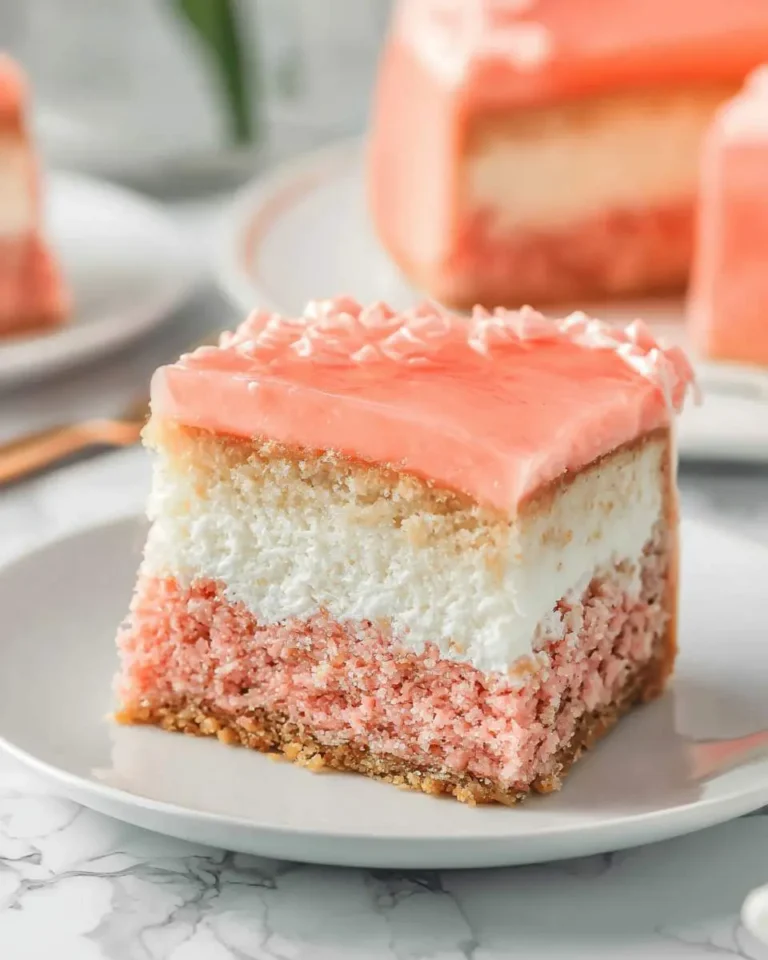 A delicious slice of layered Hawaiian guava cake featuring a glossy pink glaze, white cream, and vibrant pink cake layers.