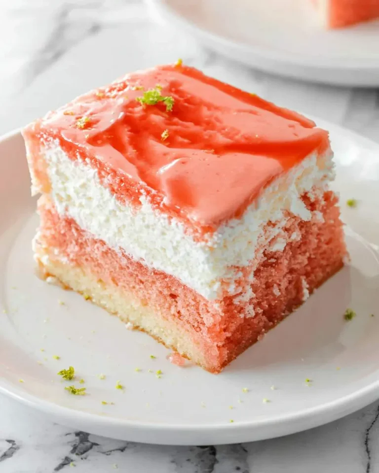 A delicious slice of Hawaiian guava cake with pink layers, white cream, and a glossy guava glaze, sprinkled with lime zest.