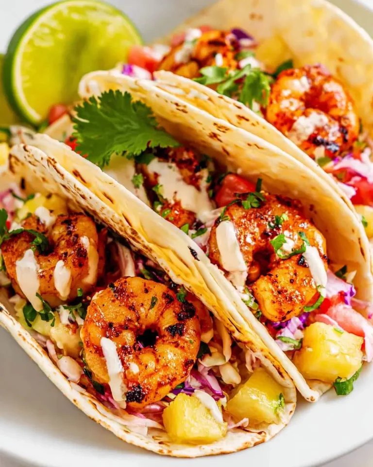 Three delicious Honey Chipotle Shrimp Tacos filled with grilled shrimp, pineapple, cabbage slaw, and a drizzle of crema, with a lime wedge.
