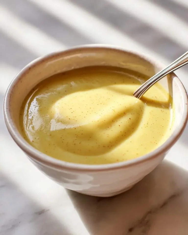 Creamy honey mustard dipping sauce in a small ceramic bowl with a spoon, illuminated by natural light.