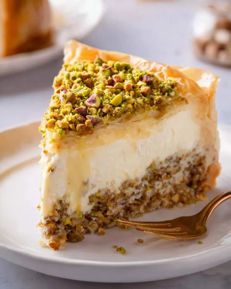 A delicious slice of Honey Pistachio Baklava Cheesecake on a white plate, showing its creamy layers, baklava base, and pistachio topping.