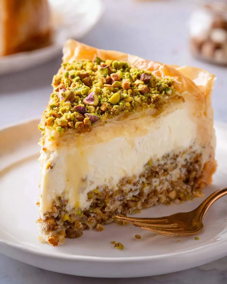 A delicious slice of Honey Pistachio Baklava Cheesecake on a white plate, showing its creamy layers, baklava base, and pistachio topping.