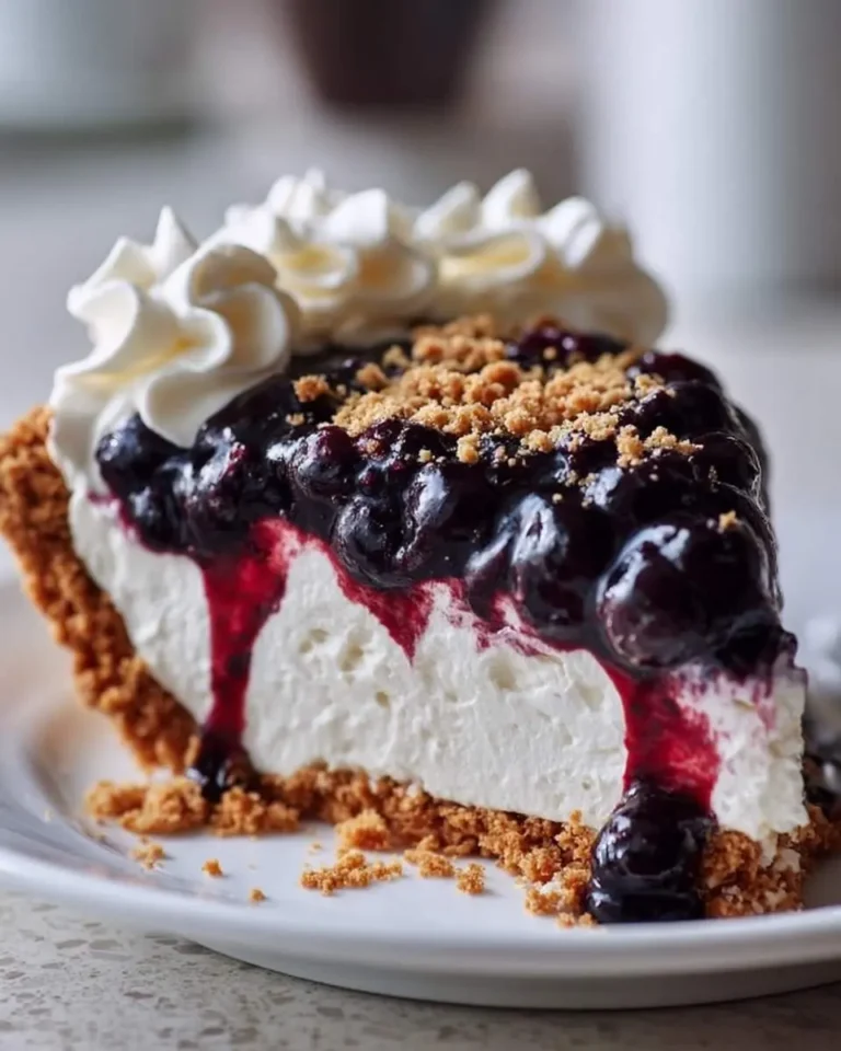 A close-up of a delicious slice of Huckleberry Cream Pie, featuring a thick creamy white filling, a vibrant berry topping with drips, fluffy whipped cream, and a graham cracker crust.