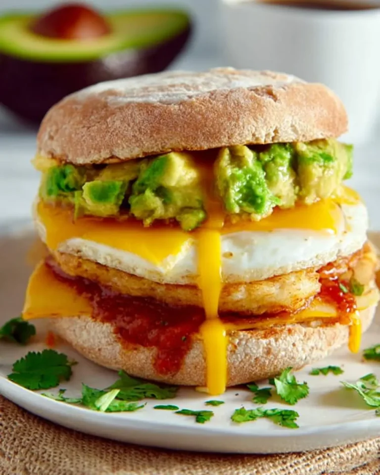 Close-up of a stacked Huevos Rancheros breakfast sandwich with runny yolk, avocado, and salsa on an English muffin.