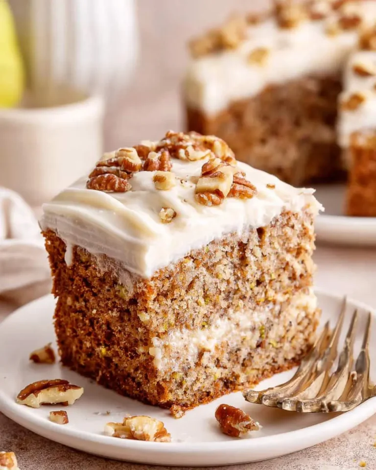 A delicious slice of Hummingbird cake on a white plate, topped with cream cheese frosting and chopped pecans, with a fork beside it.