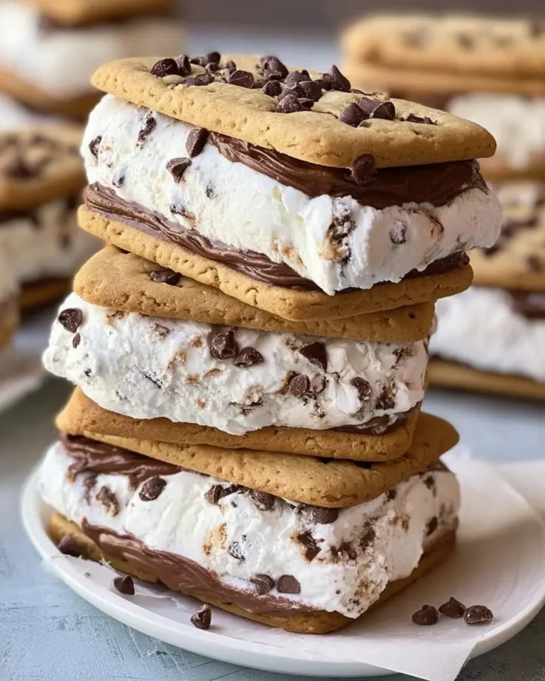 A tempting stack of three homemade ice cream sandwiches made with chocolate chip cookies, vanilla ice cream, and fudge.