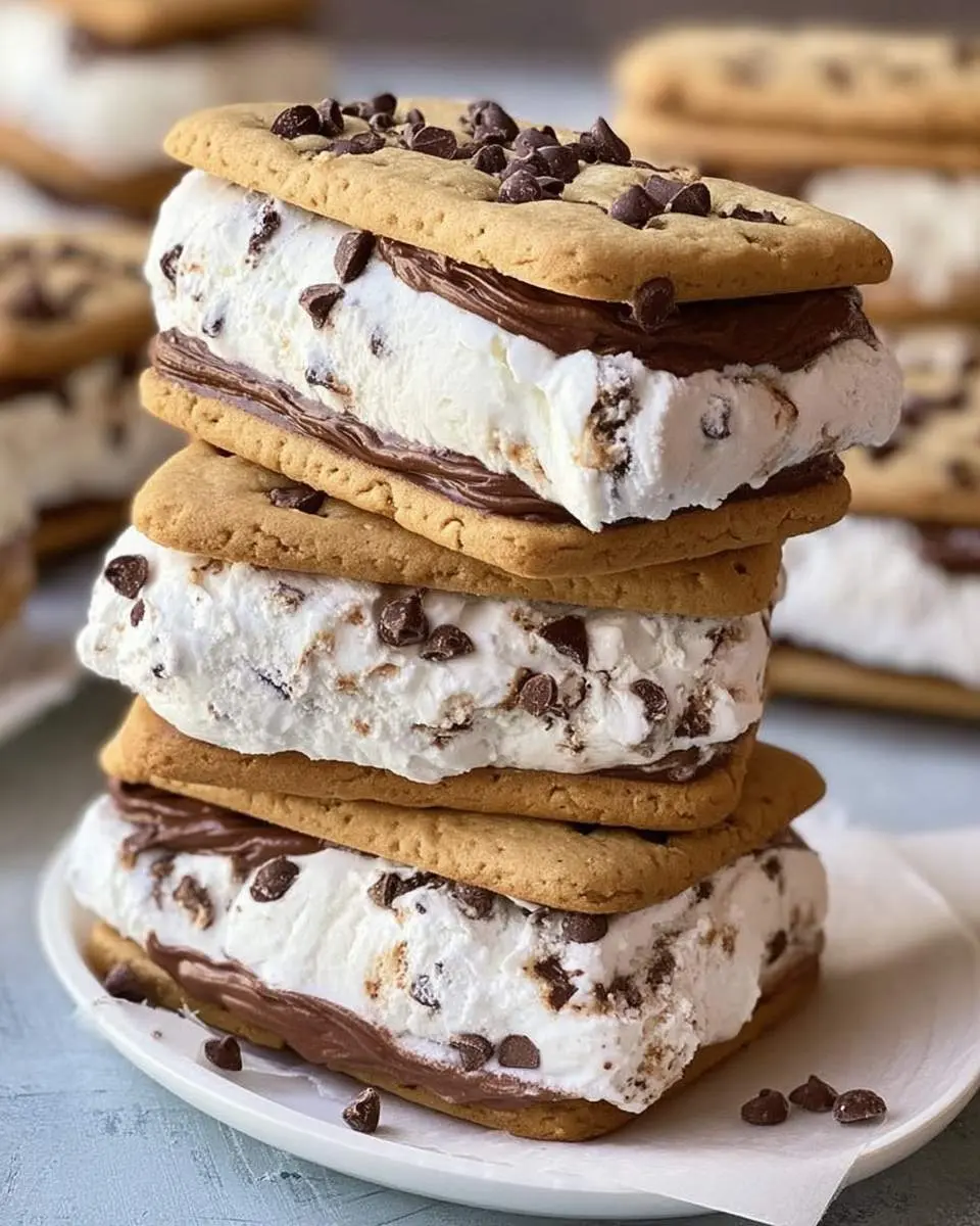 A tempting stack of three homemade ice cream sandwiches made with chocolate chip cookies, vanilla ice cream, and fudge.