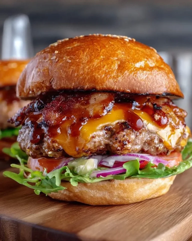 A mouth-watering Irish Pub Burger with crispy bacon, melted cheddar, BBQ sauce, fresh lettuce, red onion, and tomato on a toasted bun.
