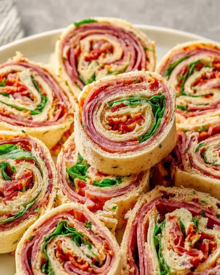 A close-up view of delicious Italian Pinwheel Sandwiches, perfectly sliced and showing layers of meat, cheese, and spinach.